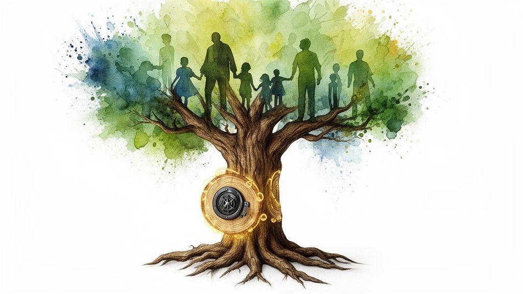 A watercolor illustration of a family tree with silhouettes of people and a secure vault in the trunk.