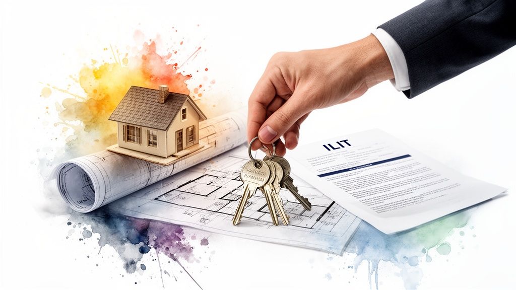 A hand offers house keys, with a small house model on blueprints and an ILIT document, signifying real estate transactions.