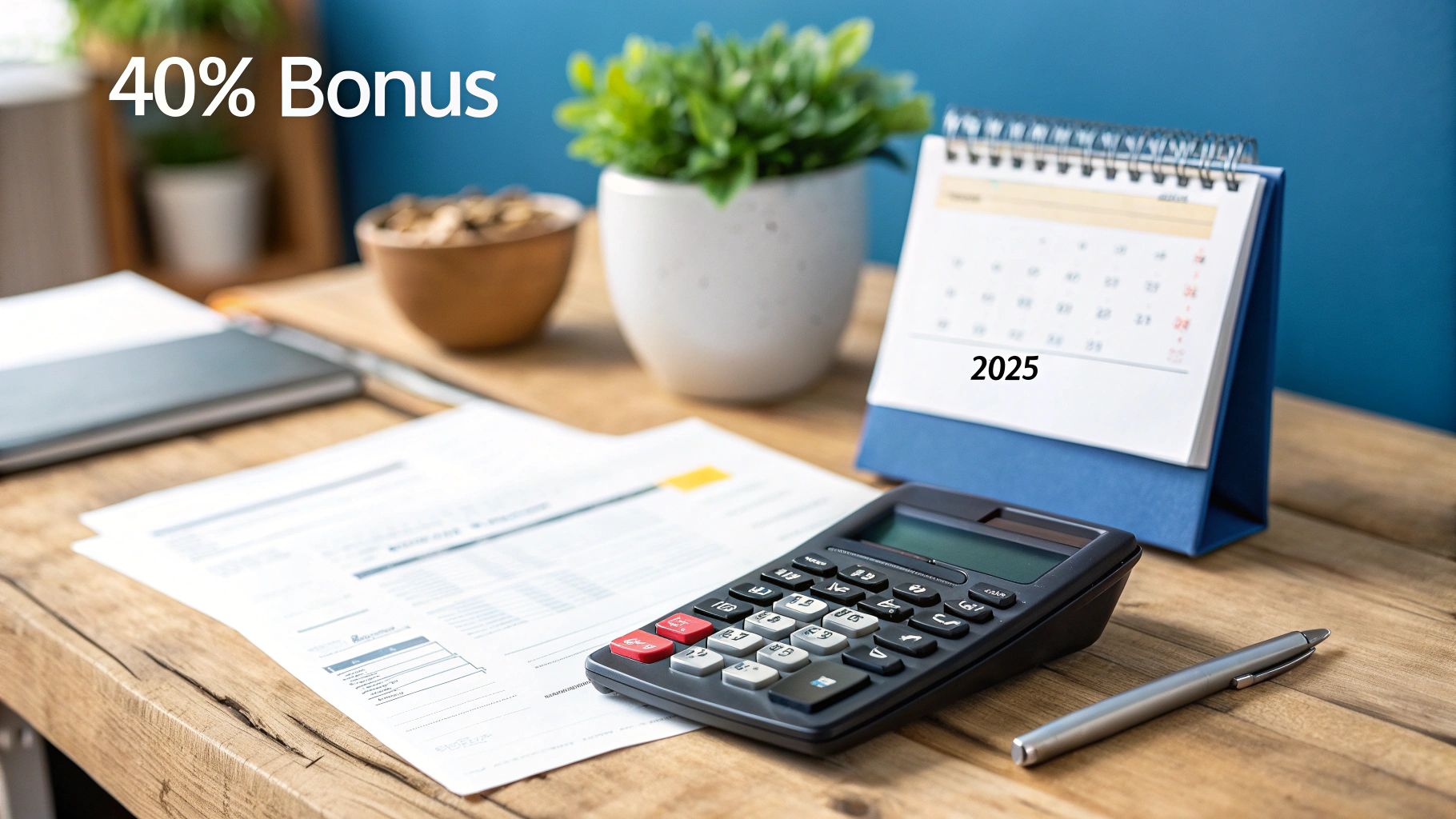 Financial planning items on a wooden desk, including a calculator, documents, a 2025 calendar, and a '40% Bonus' message.