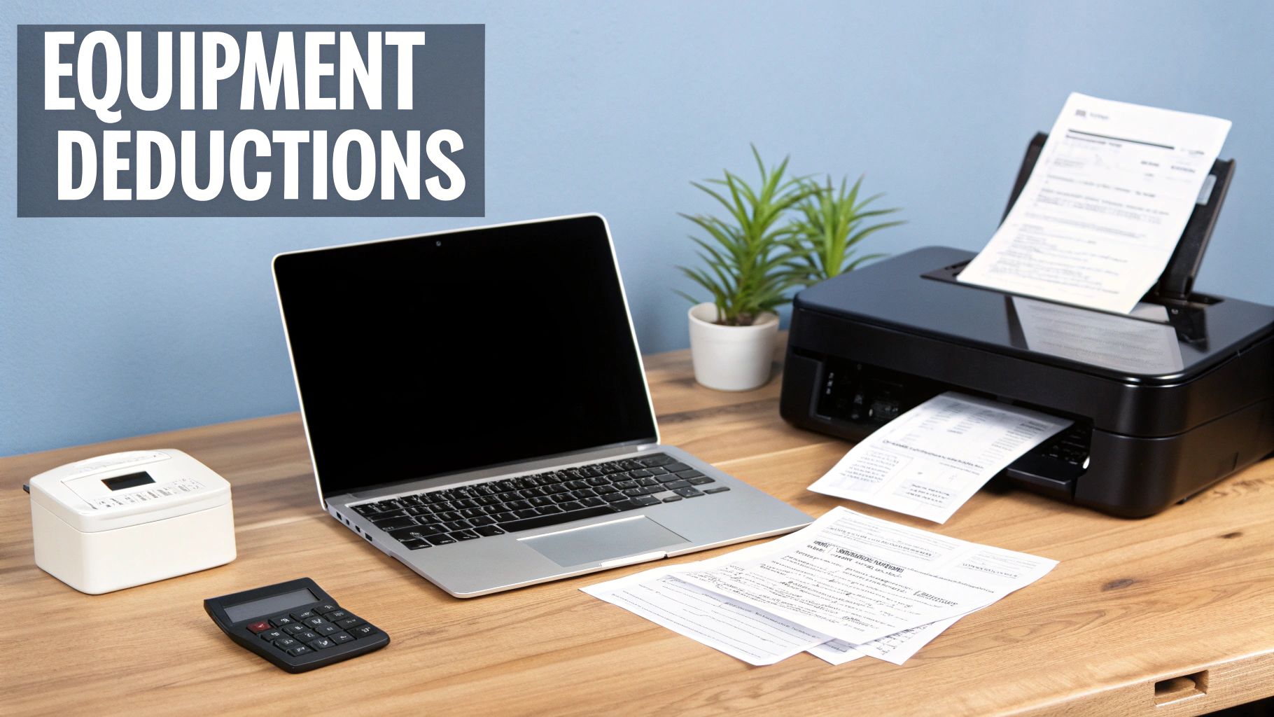 An office desk setup with a laptop, printer, calculator, and documents for equipment deductions.