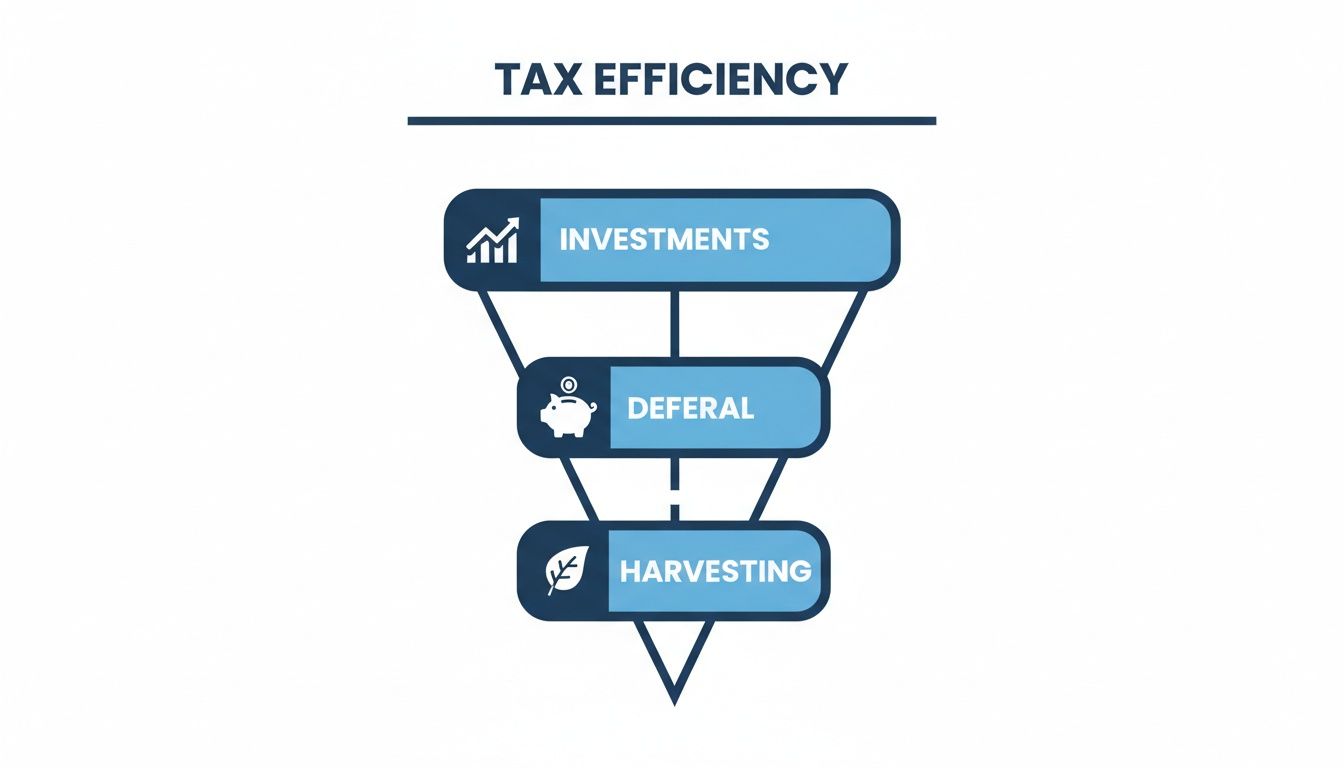 A diagram illustrating tax efficiency through investments, deferral, and harvesting strategies.