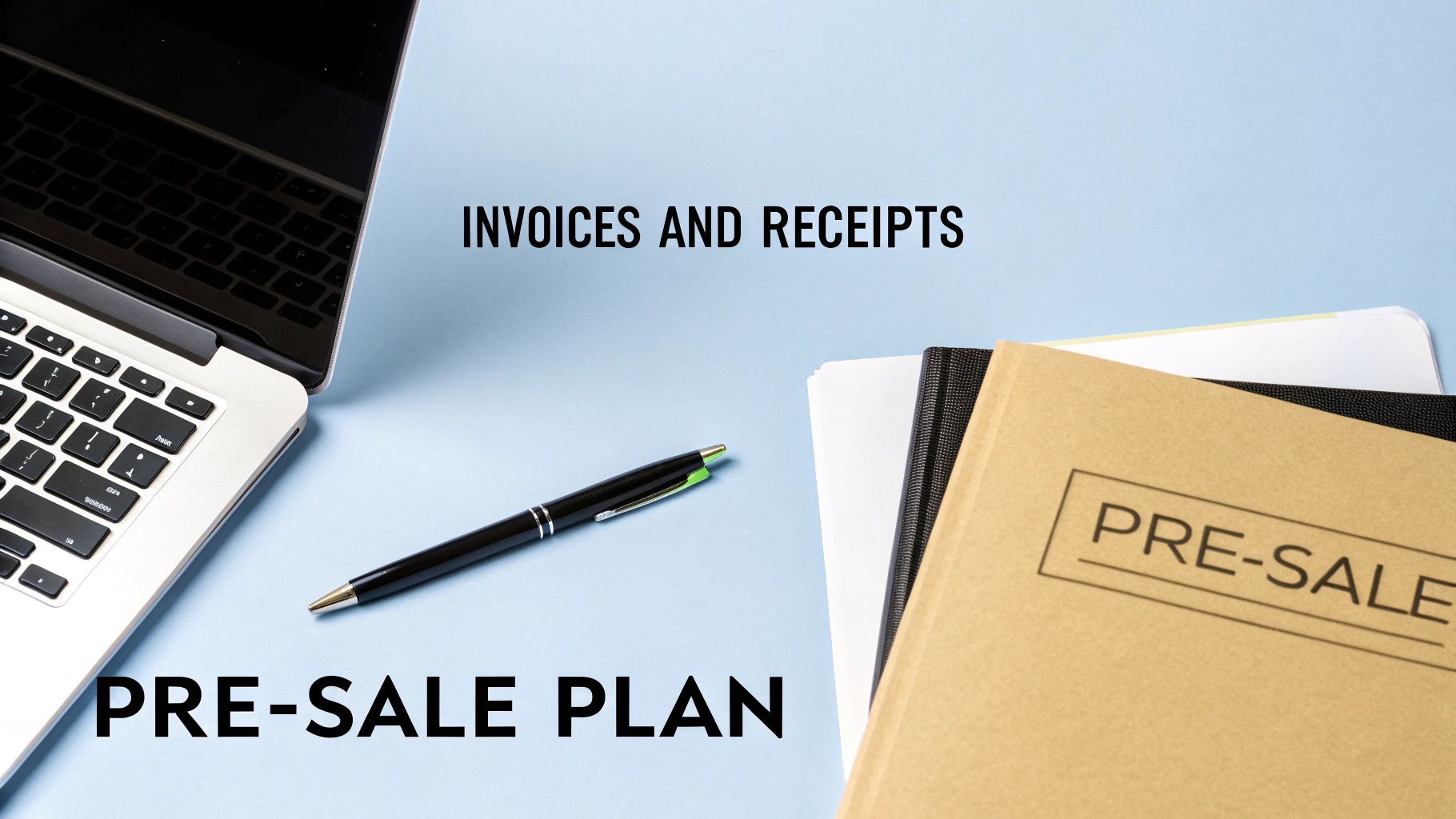 A flat lay of a laptop, pen, and documents with 'Invoices and Receipts' and 'Pre-Sale Plan' text.