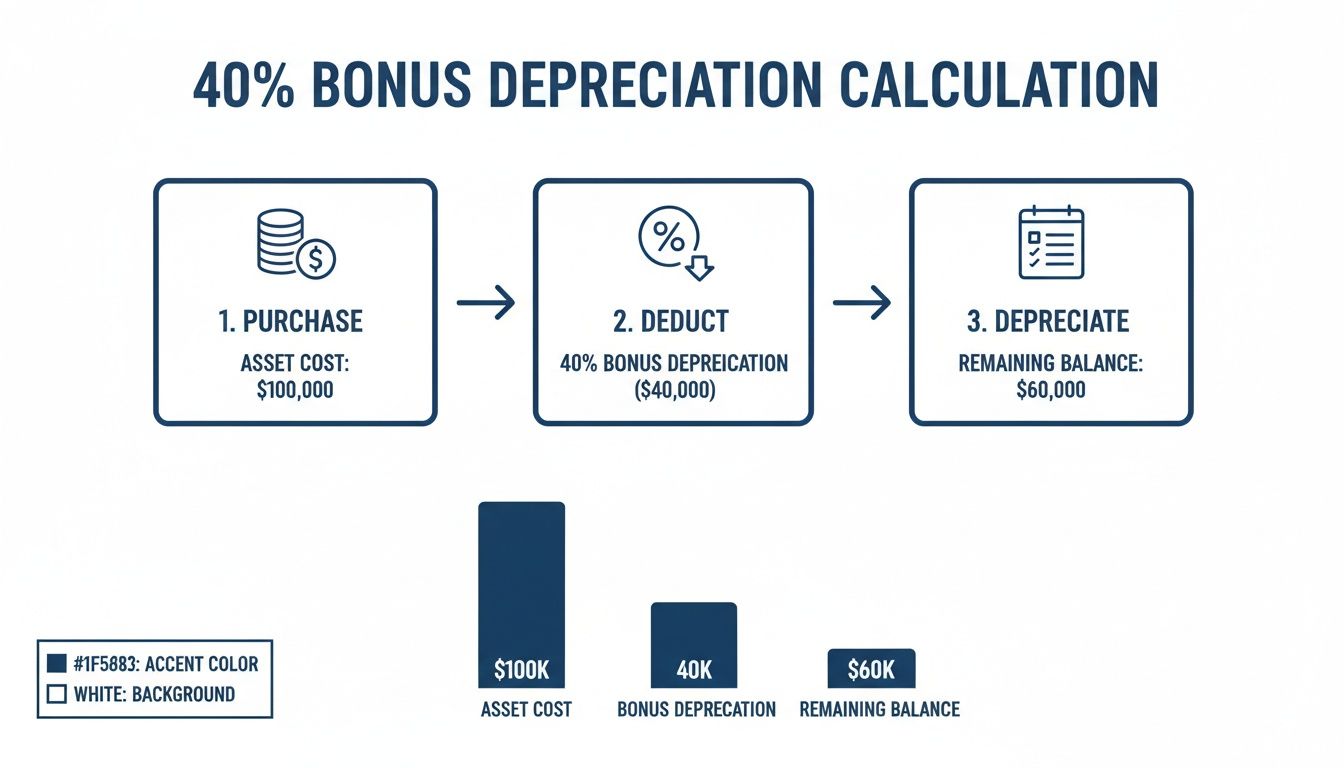 A step-by-step infographic illustrating a 40% bonus depreciation calculation with a $100,000 asset.
