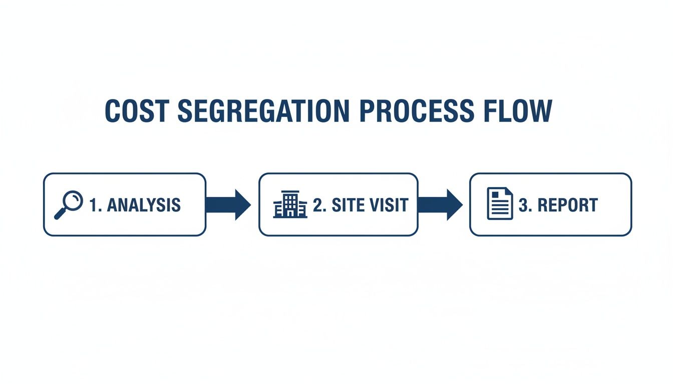 A visual process flow for cost segregation services, illustrating the steps: Analysis, Site Visit, and Report.