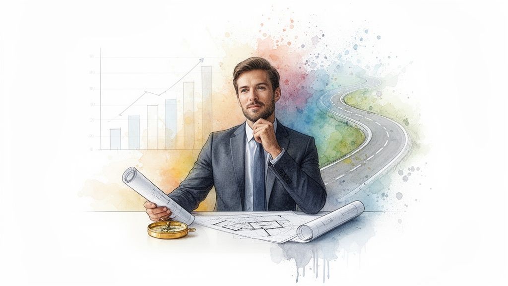 Watercolor illustration of a man planning business strategy with blueprints, compass, graph, and a winding road.