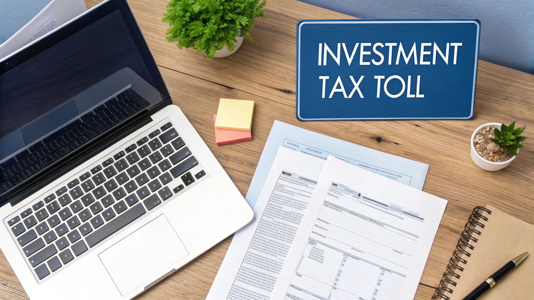 A flat lay of a desk with a laptop, documents, and a sign reading "INVESTMENT TAX TOLL".