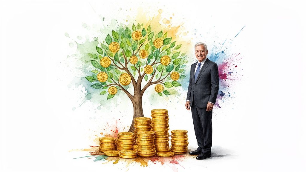 A smiling man in a suit stands beside a watercolor money tree with gold coins and stacks of coins.
