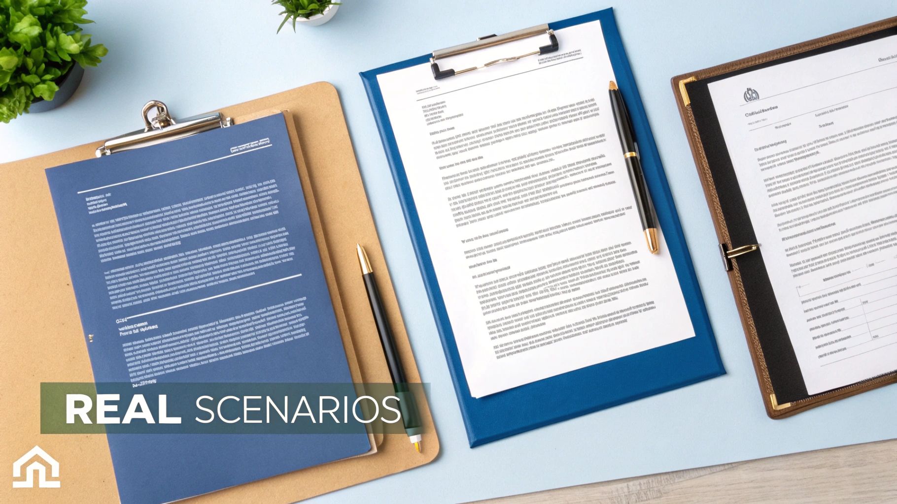 Overhead view of three clipboards with business documents and pens on a light blue desk, illustrating real scenarios.