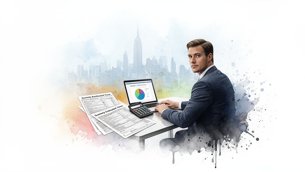 Professional man calculating quarterly estimated taxes on a laptop with a city skyline background.