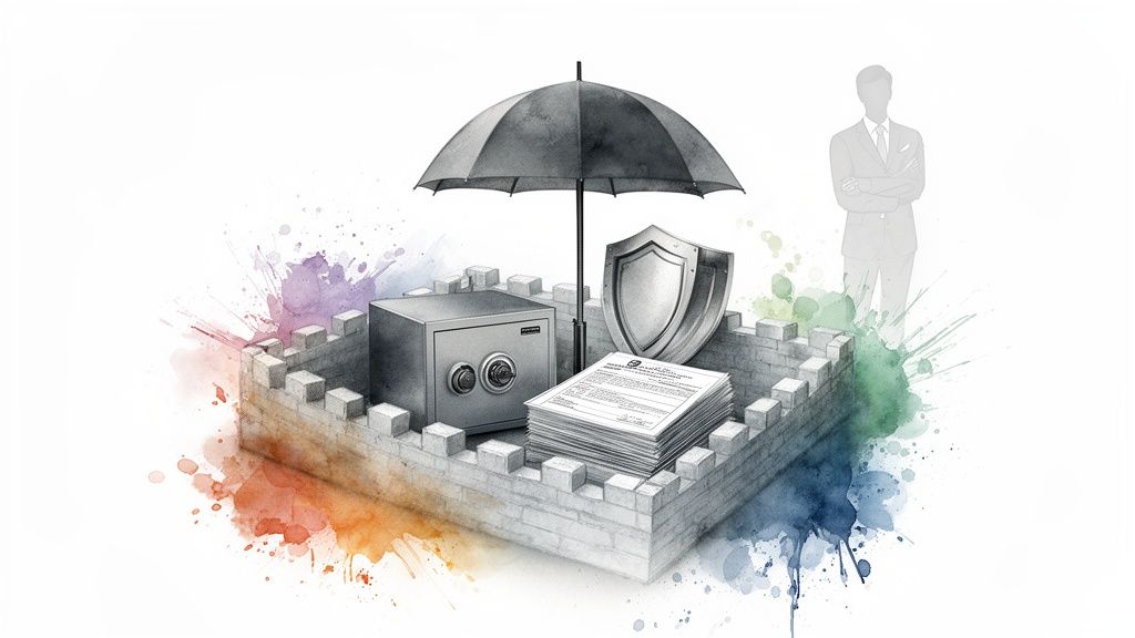 Illustration of a safe, shield, and documents under an umbrella within a fortified wall, representing financial security.