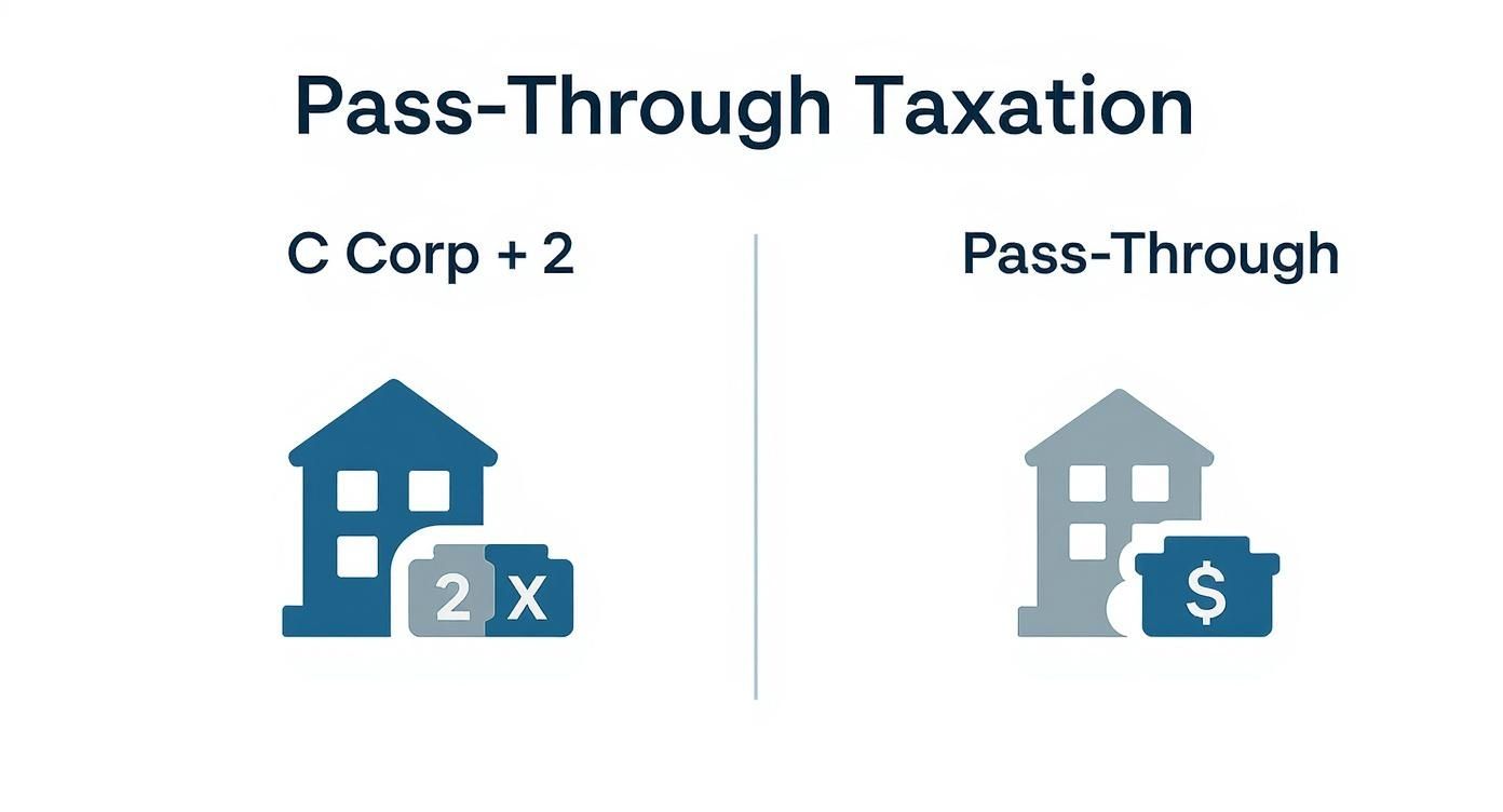 Comparison diagram showing C Corporation with two owners versus pass-through taxation entity with dollar sign
