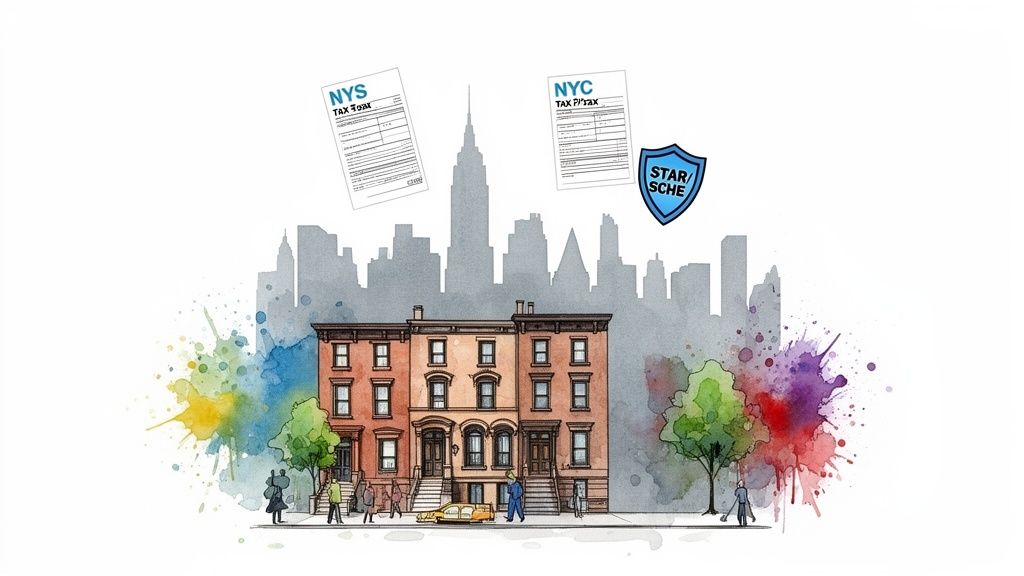 Watercolor illustration of New York City brownstones with tax forms and skyline, representing property tax.