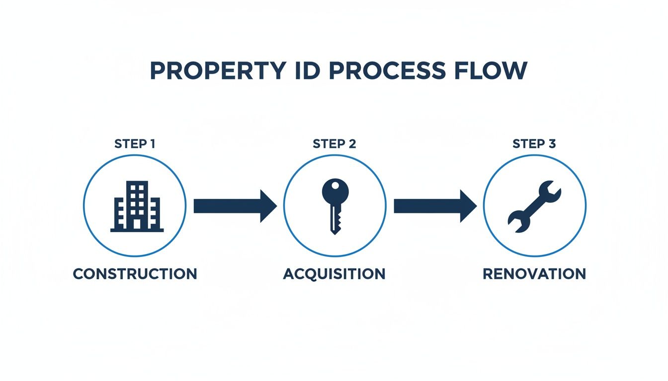 A property ID process flow diagram illustrating three steps: Construction, Acquisition, and Renovation.