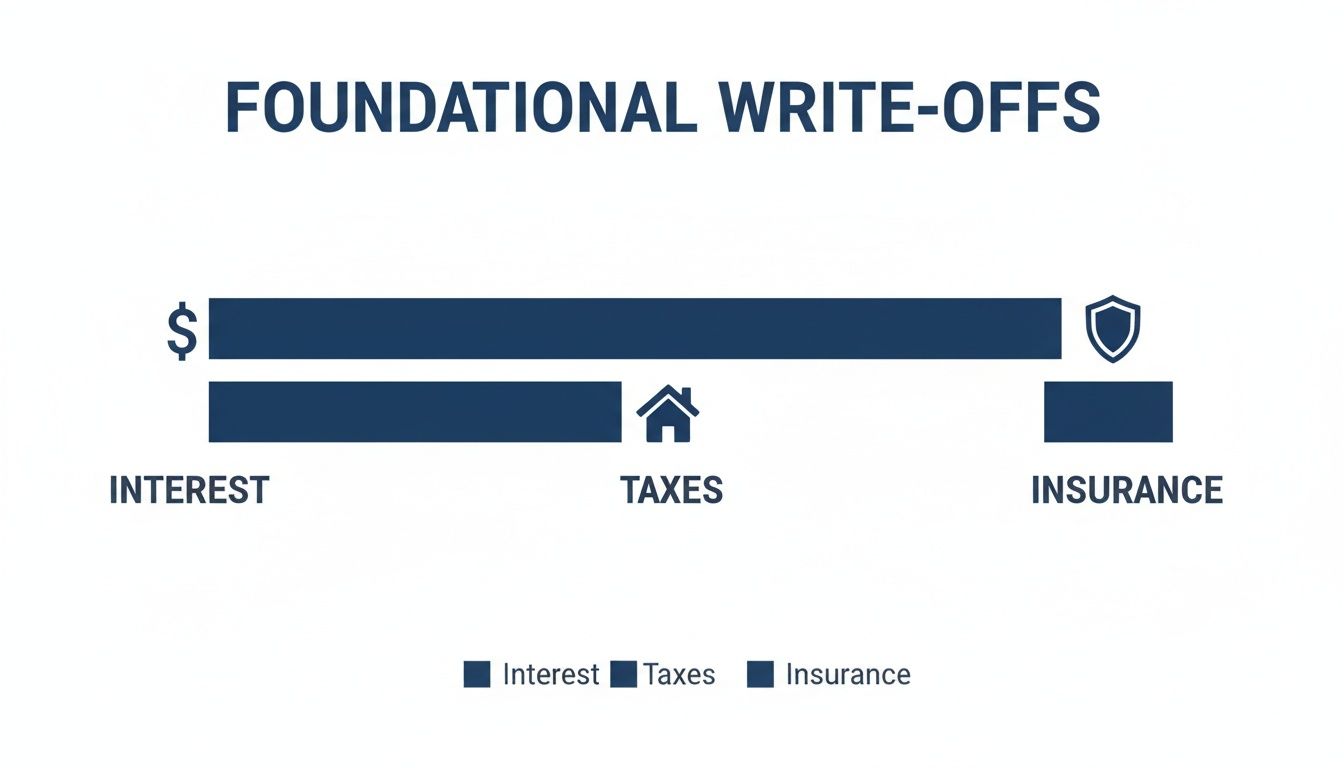A bar chart illustrating foundational write-offs for interest, taxes, and insurance, showing interest as the largest category.