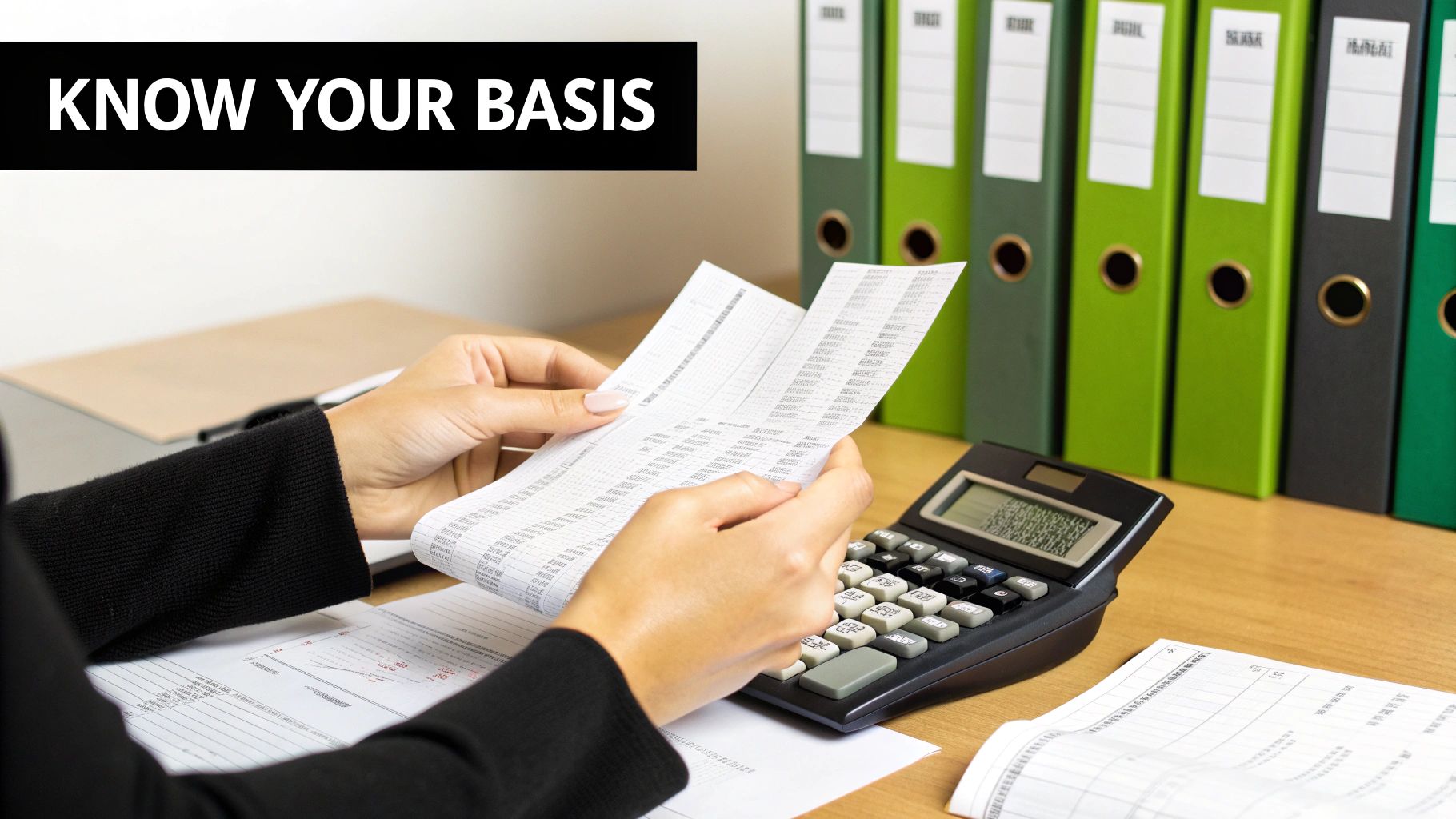 A person reviews financial documents with a calculator, with the text overlay 'KNOW YOUR BASIS'.