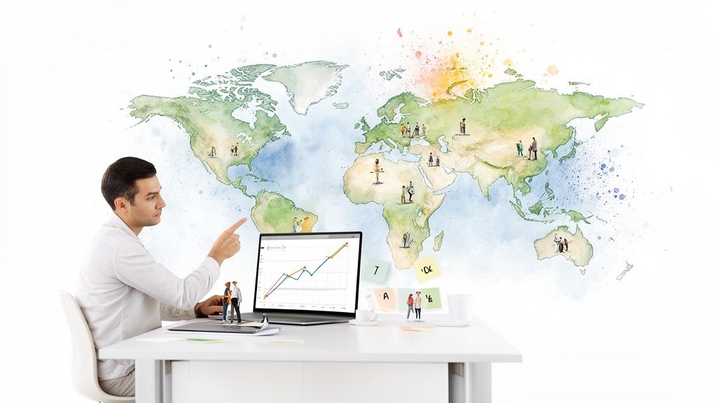 Man pointing at laptop displaying global business data on a watercolor world map background.