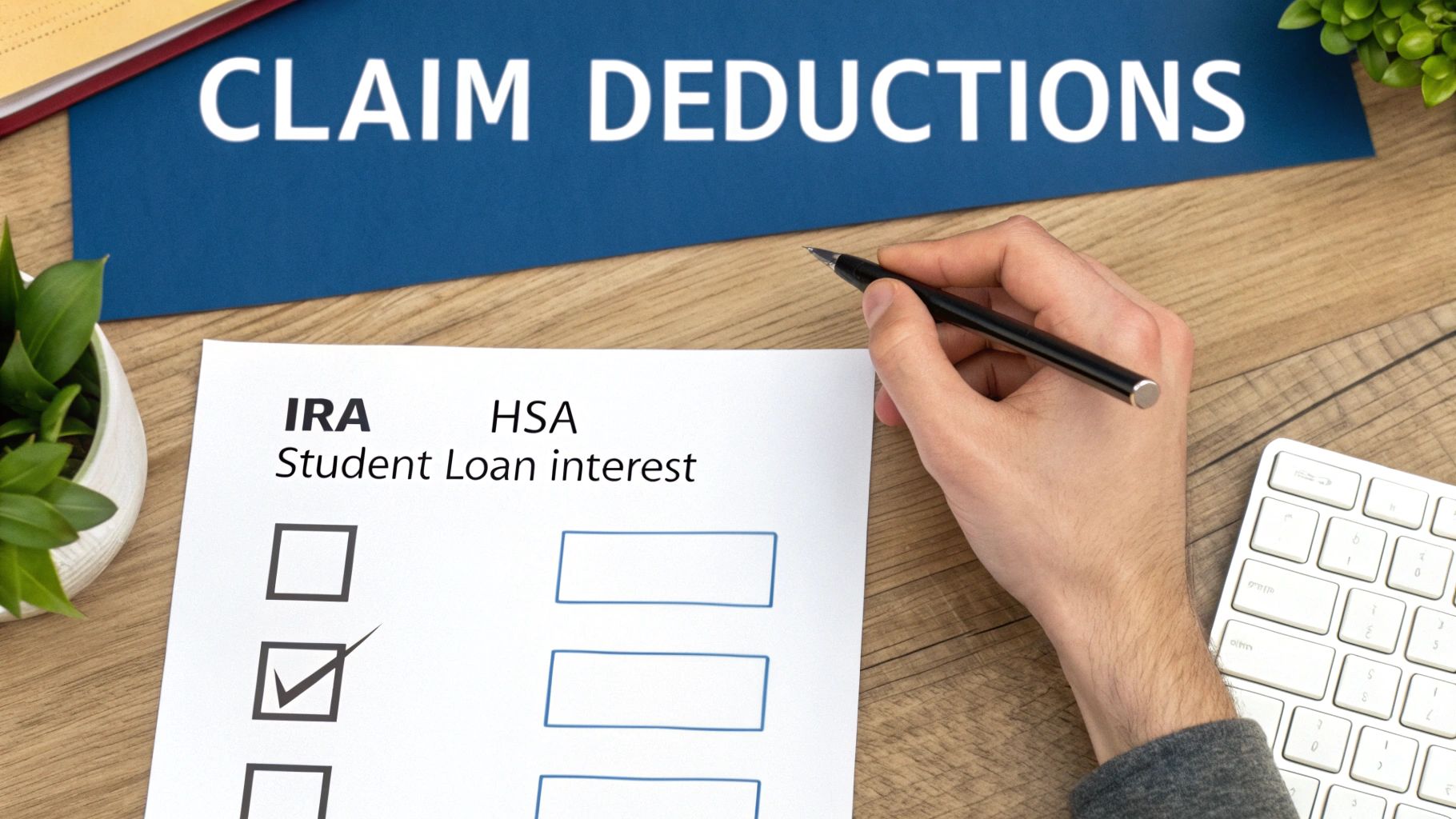 A hand uses a pen to mark 'Student Loan interest' on a tax deductions checklist.