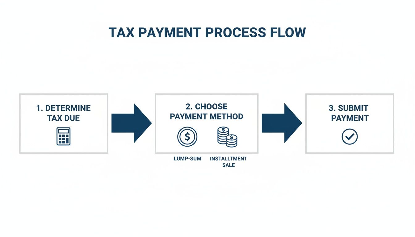 A flowchart illustrates the tax payment process: determine tax, choose method (lump-sum or installment), and submit payment.