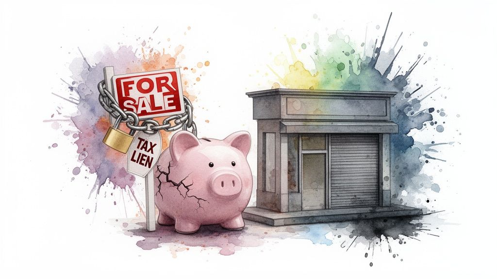 Watercolor image showing a tax lien sign, a cracked piggy bank, and a closed storefront building.