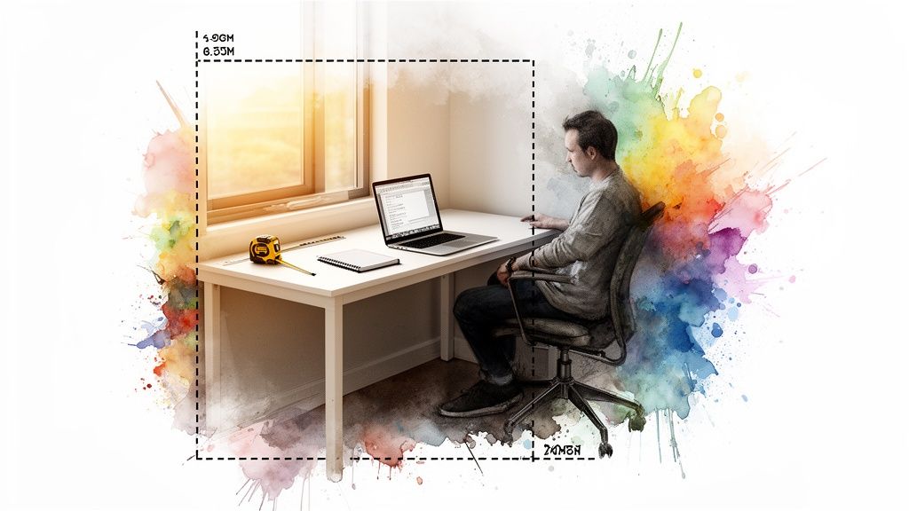 Man working on a laptop at a white desk by a window, surrounded by colorful watercolor splashes.