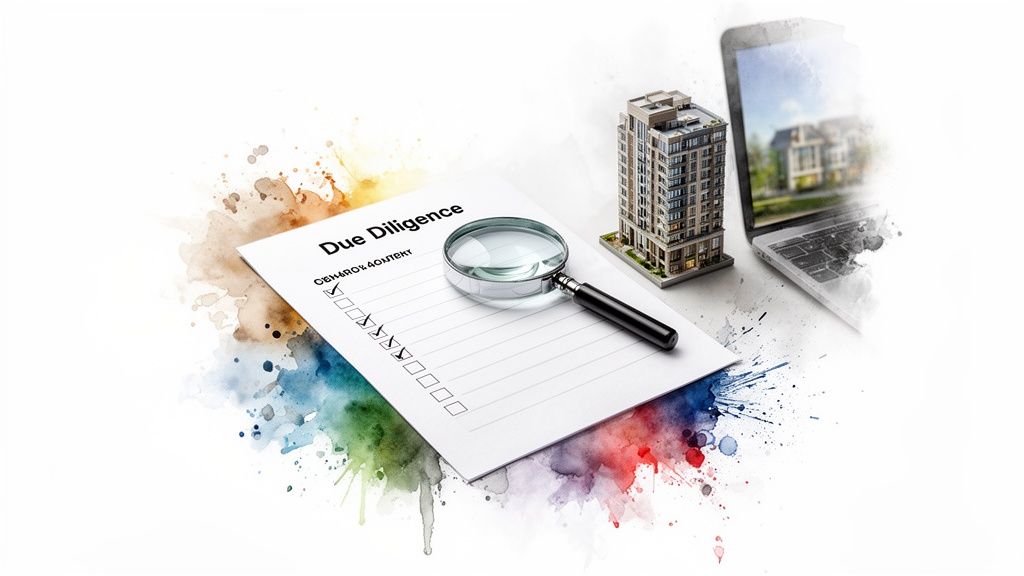 Real estate due diligence checklist with magnifying glass, building, and laptop for property assessment.