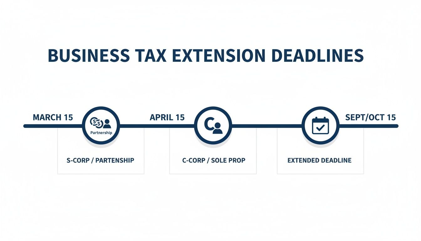 A timeline illustrating business tax extension deadlines for S-Corp, Partnership, C-Corp, Sole Prop, and extended filing.