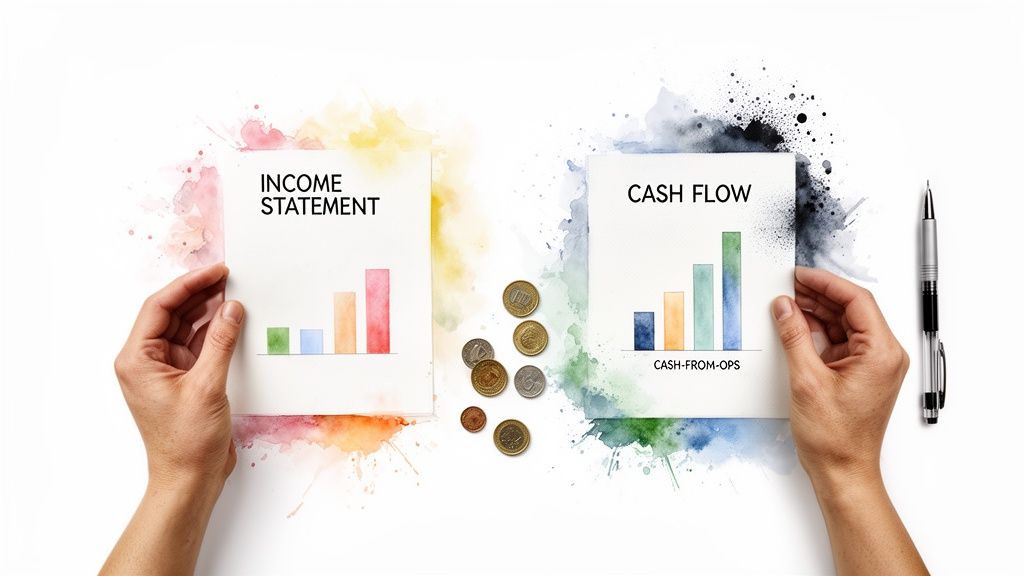 Hands holding Income Statement and Cash Flow documents with graphs, coins, and a pen.