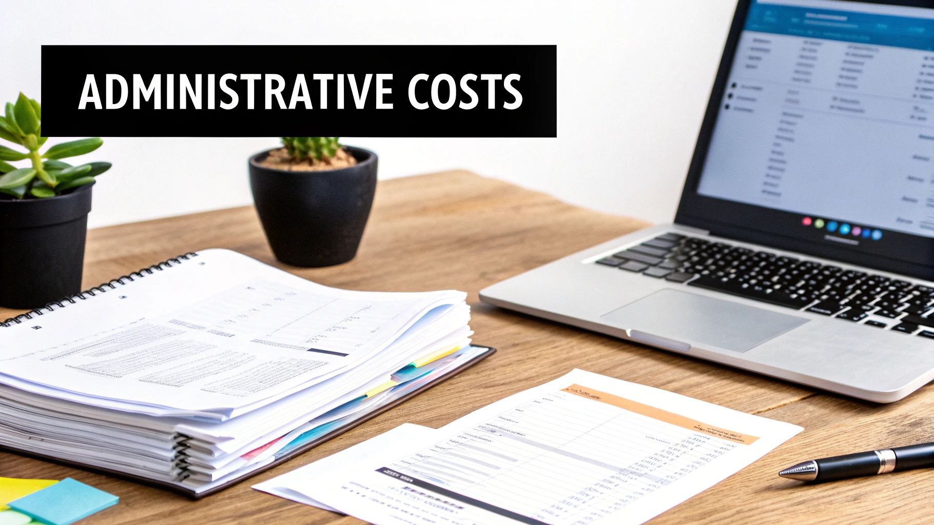 Administrative costs paperwork and financial documents on desk with laptop showing business spreadsheet