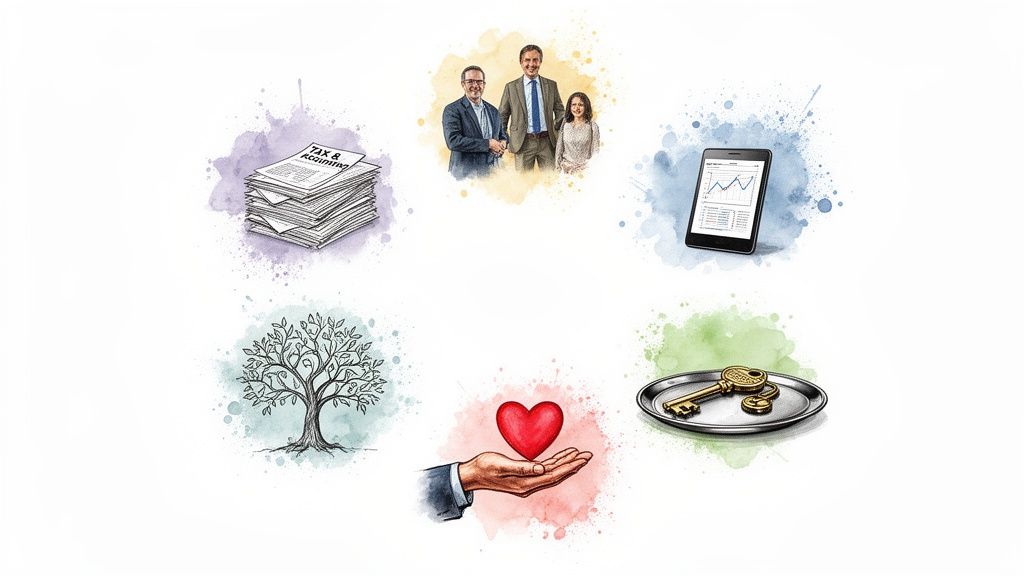 Illustrations show family office concepts: tax documents, people, digital finance, a tree, a heart, and keys.
