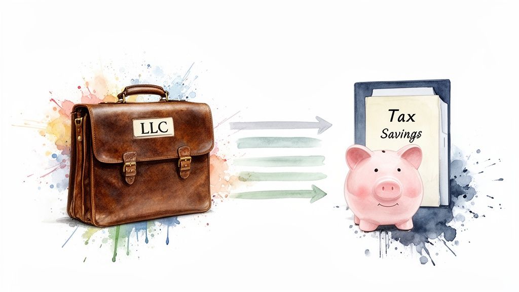 A brown briefcase labeled 'LLC' with arrows pointing to a piggy bank and documents titled 'Tax Savings'.