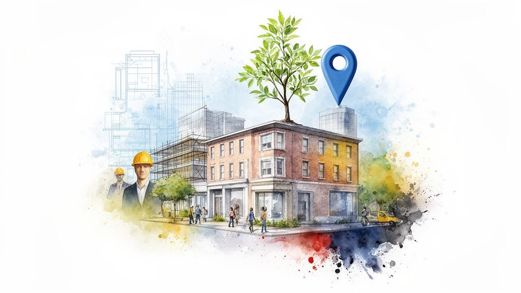 A vibrant watercolor showing urban real estate, construction plans, workers, a green building, and a map pin.