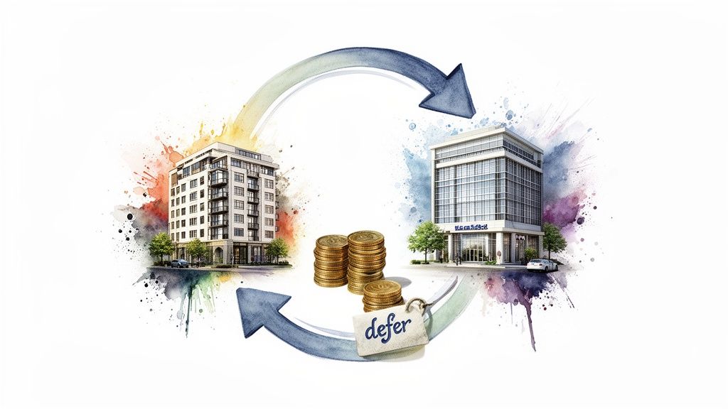 An illustration of two real estate properties exchanging, with coins and a 'defer' tag, representing tax deferral.