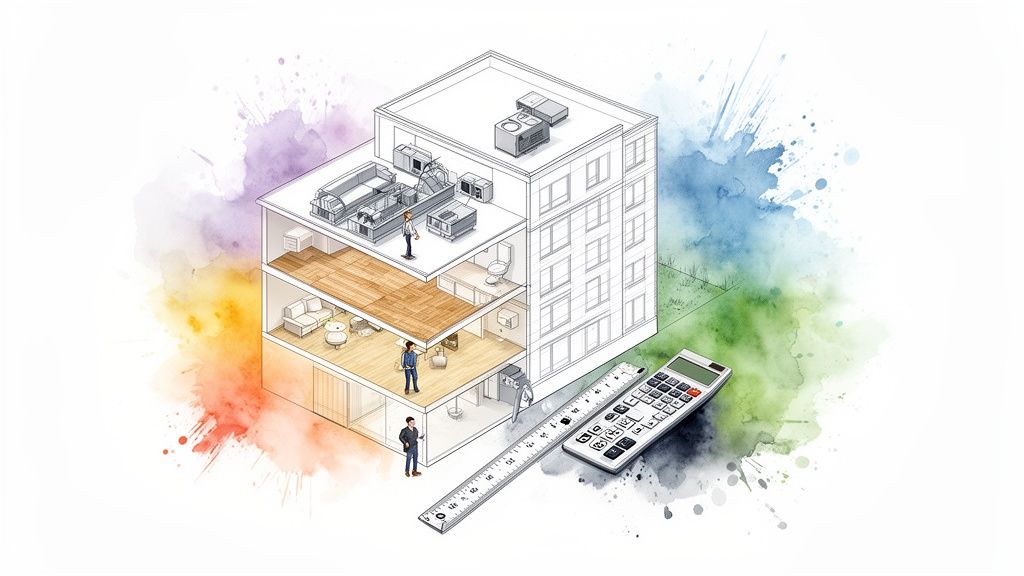 Detailed architectural cross-section of a building with people, HVAC units, a ruler, and calculator, on a colorful background.