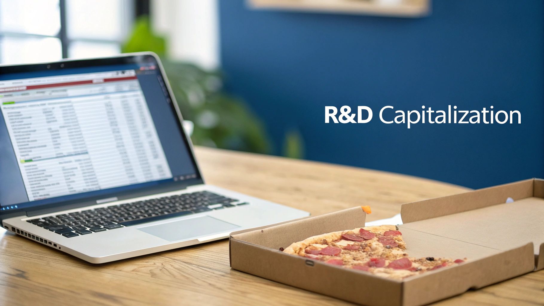 A laptop showing a spreadsheet next to an open pizza box with pepperoni pizza on a wooden table.
