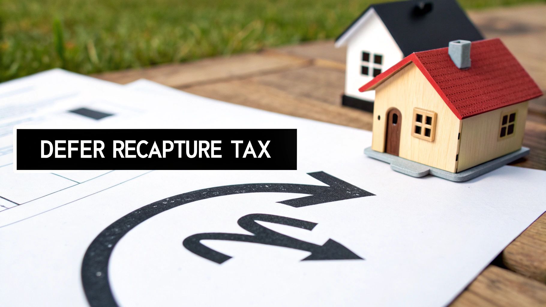 Miniature houses on papers with 'DEFER RECAPTURE TAX' text, symbolizing property tax deferral.