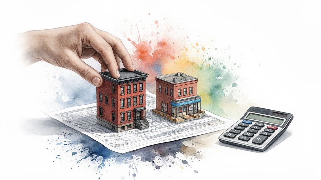A hand places a miniature building on a document next to another building and a calculator, illustrating property valuation.