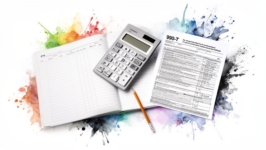 A calculator, IRS Form 990-T, a ledger book, and a pencil on a watercolor background.