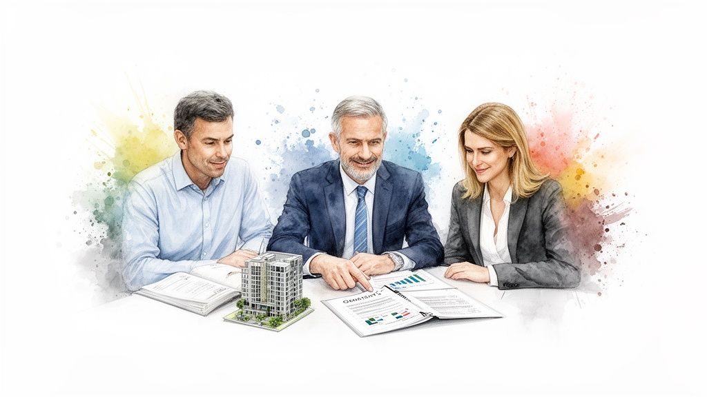 Three business professionals discuss documents and a building model in a watercolor illustration style.