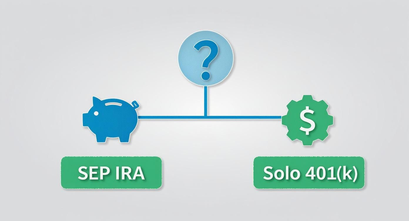 Comparison diagram showing SEP IRA and Solo 401k retirement savings options for self-employed individuals