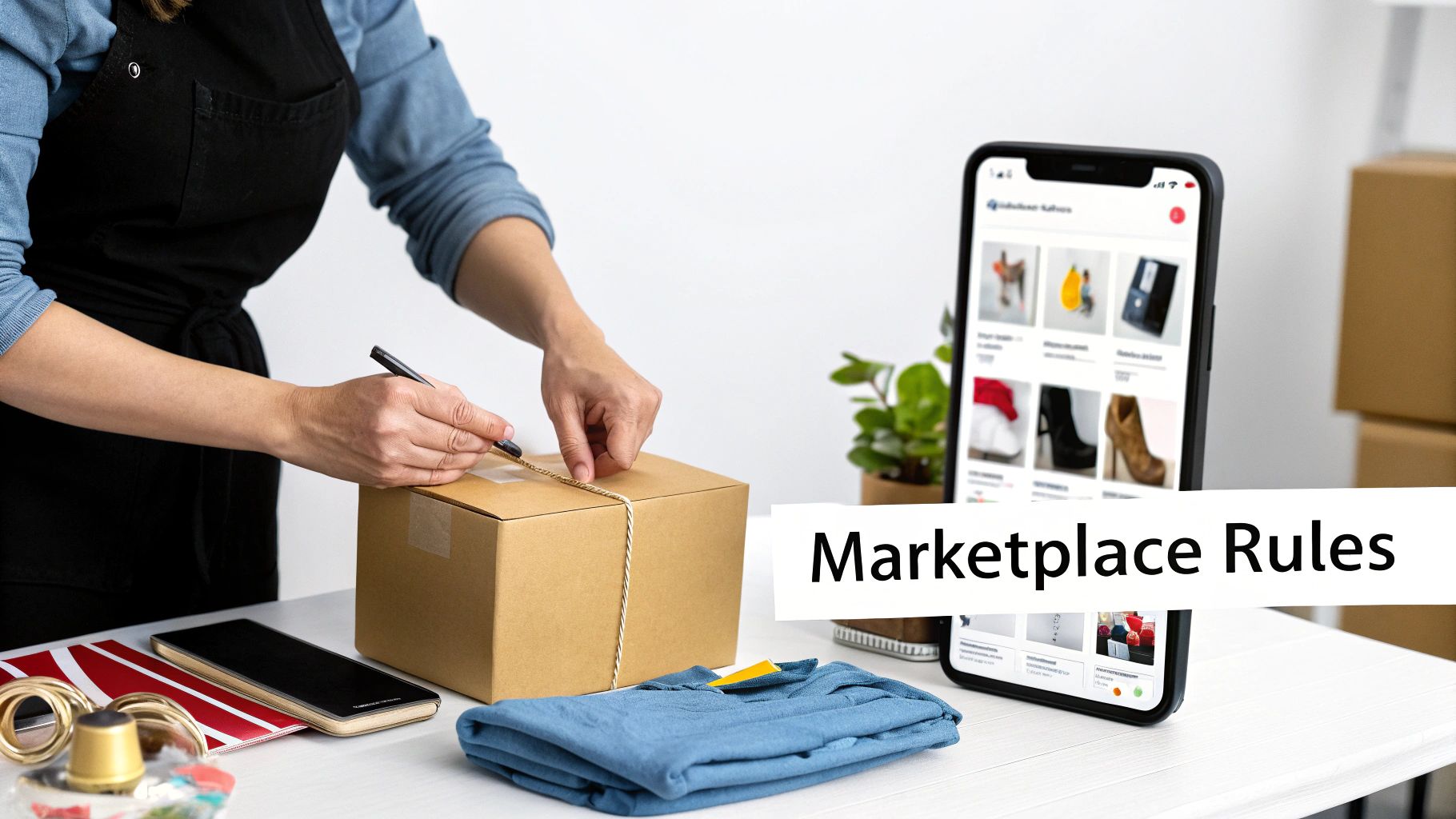 Person in apron packaging a delivery box with string, next to a smartphone displaying marketplace rules.