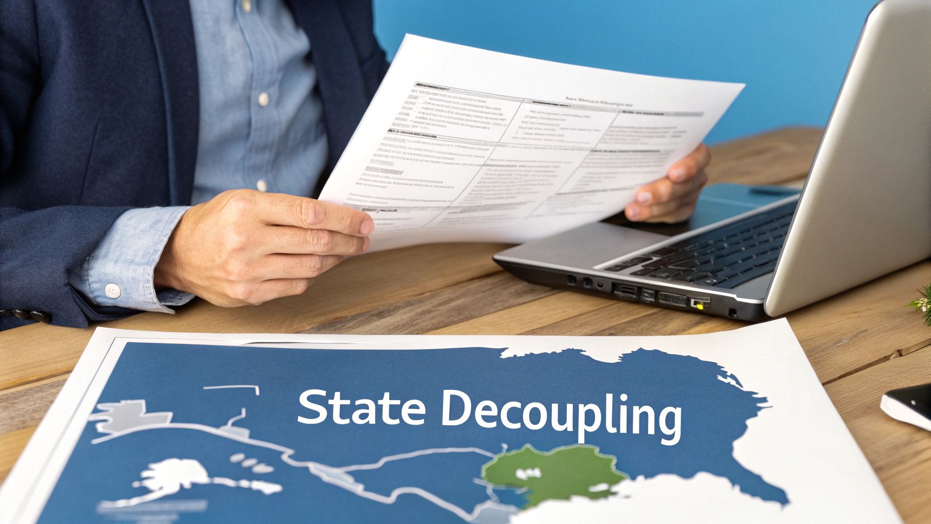 A person reviews business documents at a desk with a laptop and 'State Decoupling' map.