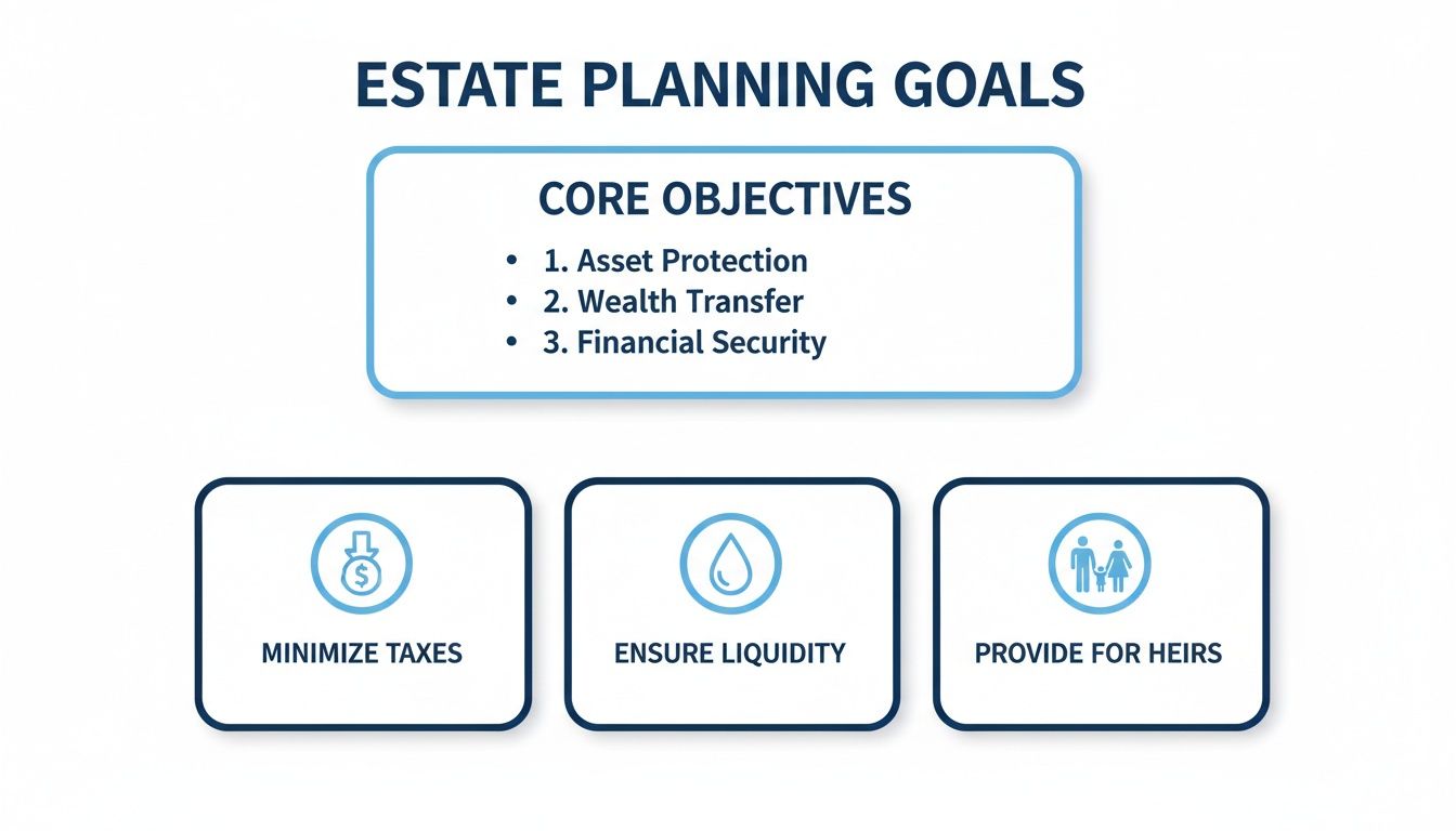 An infographic outlining estate planning goals, including core objectives like asset protection and wealth transfer.