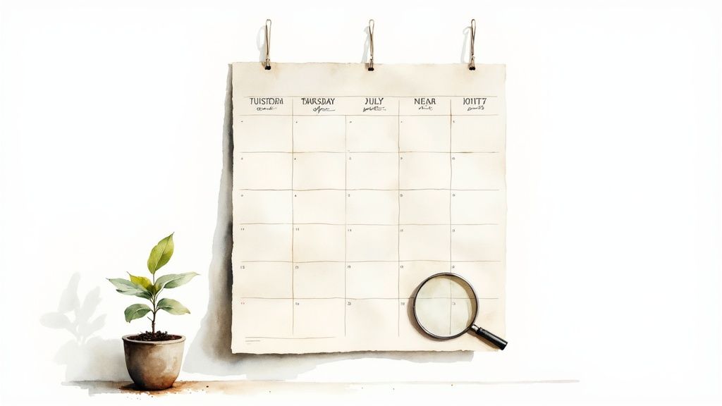 A watercolor illustration of a blank calendar page with a small potted plant and a magnifying glass.
