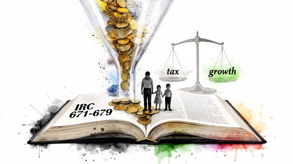 Family and wealth impacted by tax and growth, symbolized by scales and a law book.