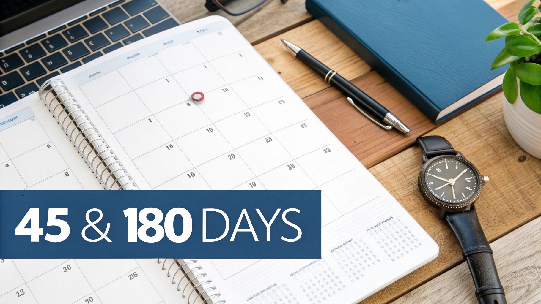 Overhead view of a calendar with a red pin, watch, pen, and laptop on a wooden desk, overlaid with '45 & 180 DAYS'.