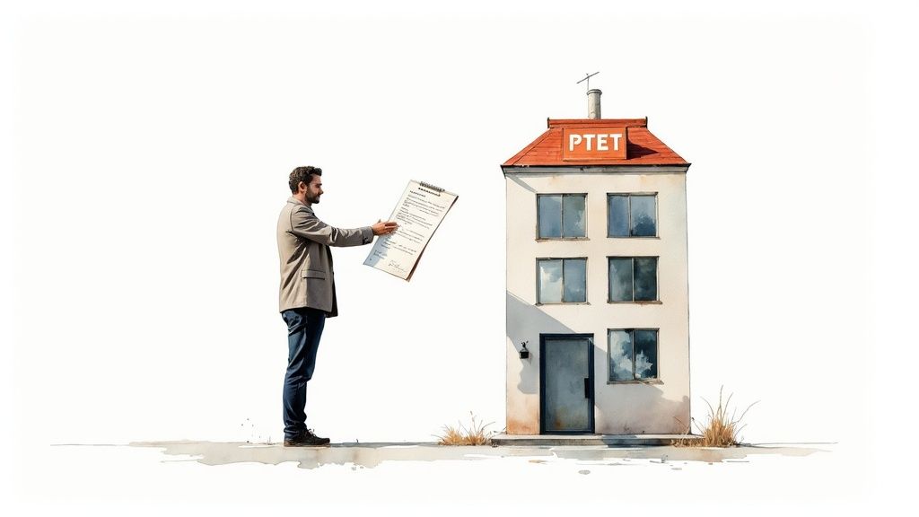A man holding a document approaches a house labeled 'PTET' in a watercolor style.