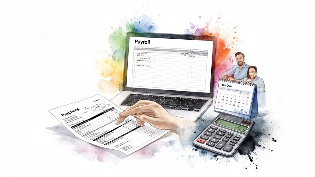 Watercolor illustration showing payroll documents, a laptop with a spreadsheet, a tax due calendar, calculator, and two men.