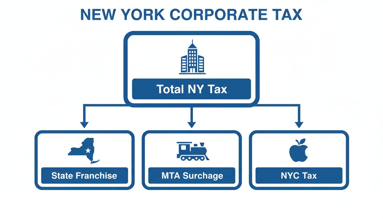 Diagram showing New York Corporate Tax components: State Franchise, MTA Surcharge, and NYC Tax.