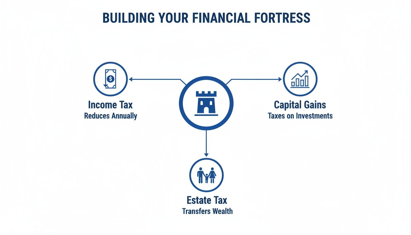 Diagram illustrating how income, capital gains, and estate taxes affect building a financial fortress.