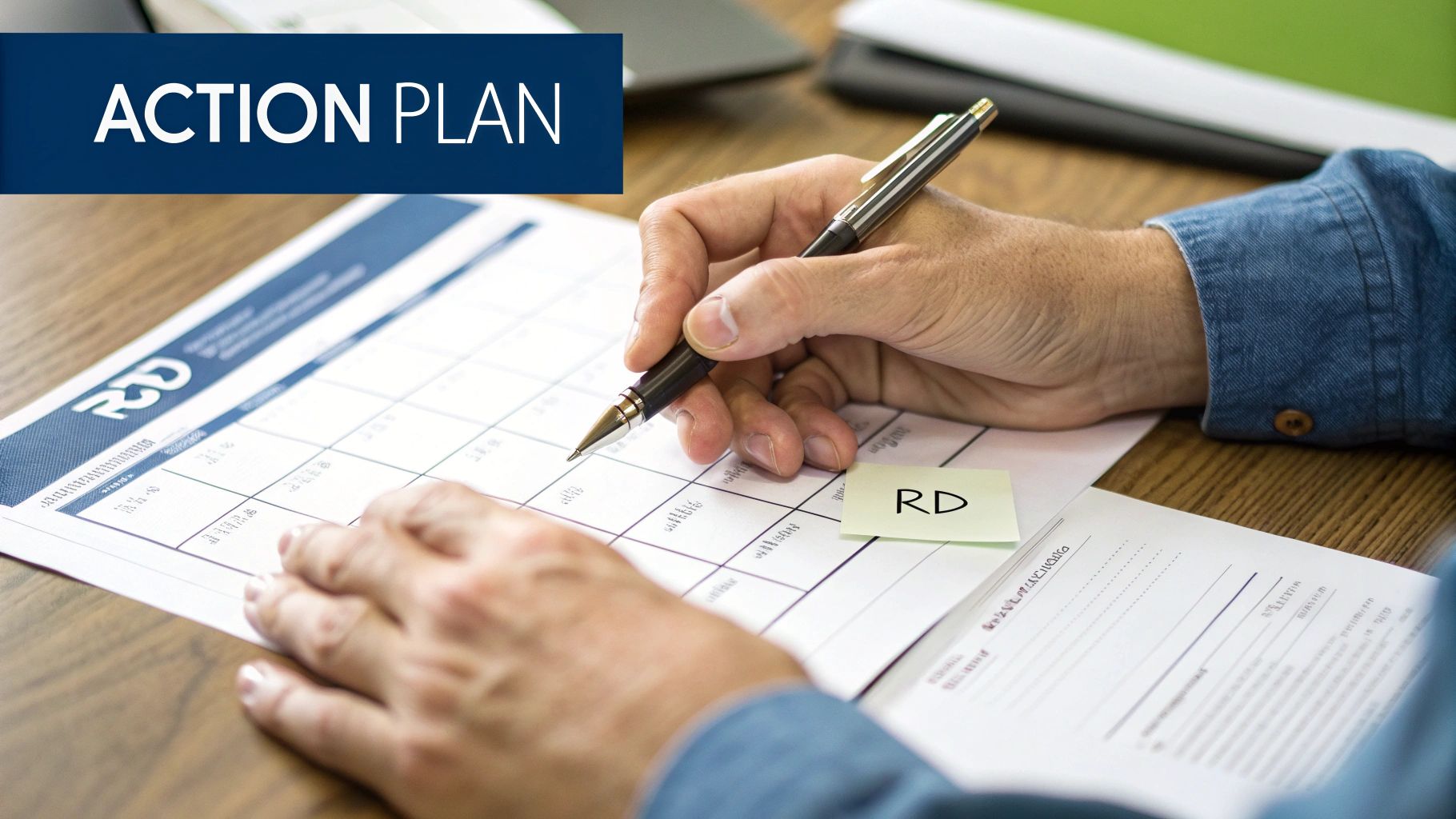 A person's hands writing on an 'ACTION PLAN' document with a pen, focused on planning.